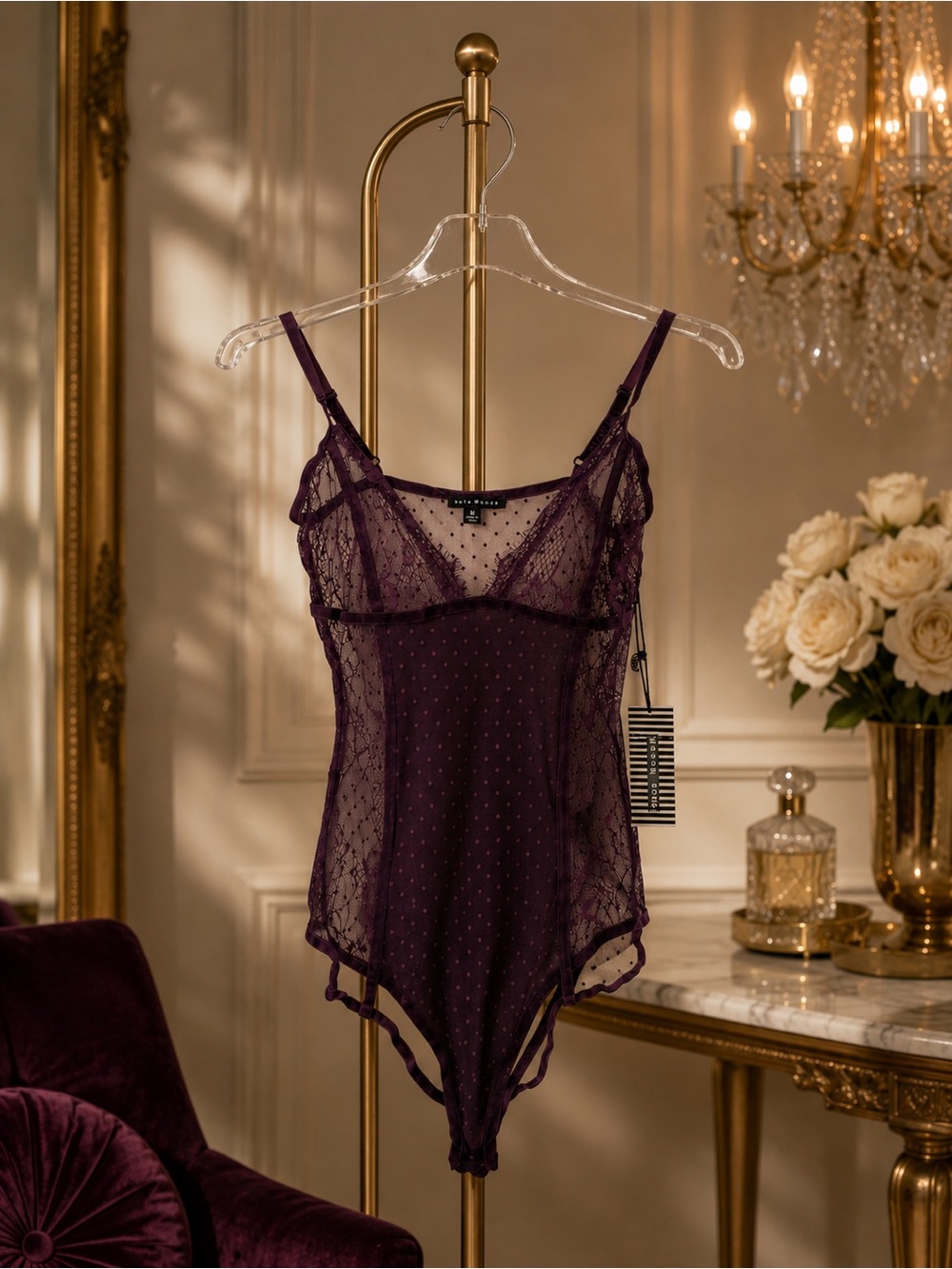 NWT Haute Monde Sheer Swiss Dot Lace Bodysuit Plum Purple Teddy M